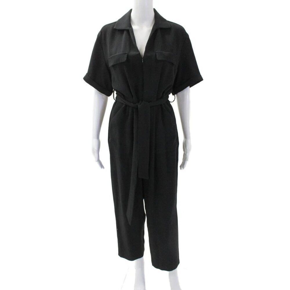 Zara Womens Jumpsuit Large Black Cuff Short Sleeve Zip Front Belted 2154/731 NWT